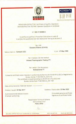 Certificato Termografia: Operatore Termografico Certificato 2° Livello UNI EN ISO 9712
